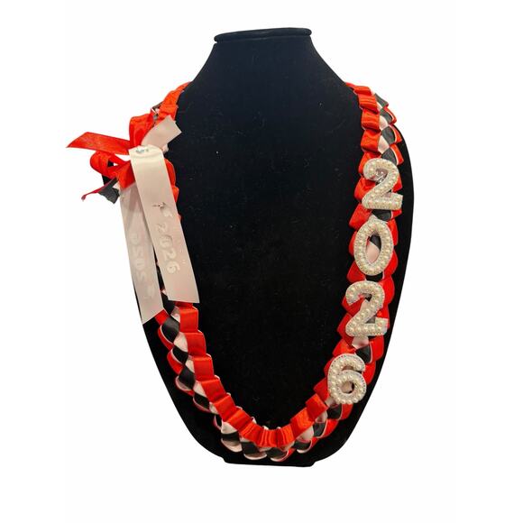 Basket Hub Other - Class of 2026 Graduation Lei with Bling Beaded 2026 Red Black White Ribbon Lei